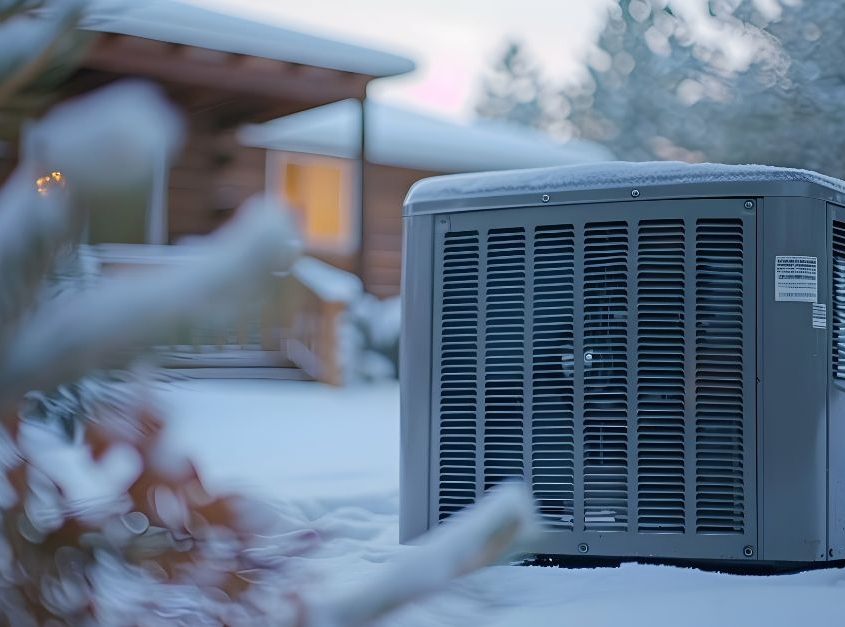 An HVAC unit outside in the snow. Complete Electrical, Commercial, and HVAC Maintenance Plans.